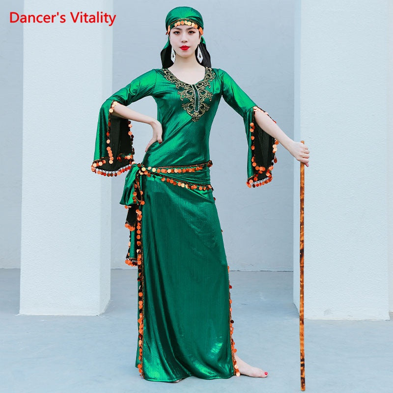 Women's Green Sequin Embroidered Long Sleeve Baladi Said Belly Dance Dress with Headband and Cane