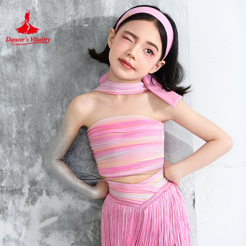 Girls Pink Striped Strapless Fringe Latin Dance Dress