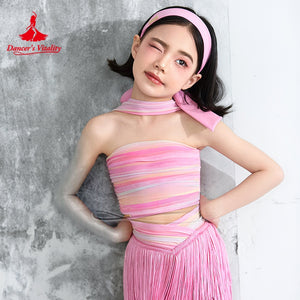 Girls Pink Striped Strapless Fringe Latin Dance Dress