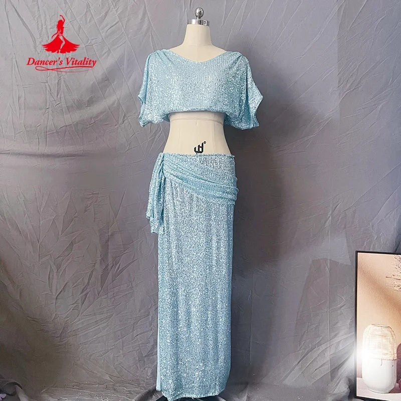 Women's Light Blue Sequin Two-Piece Crop Top and Skirt Set with Draped Detail for Belly Dance