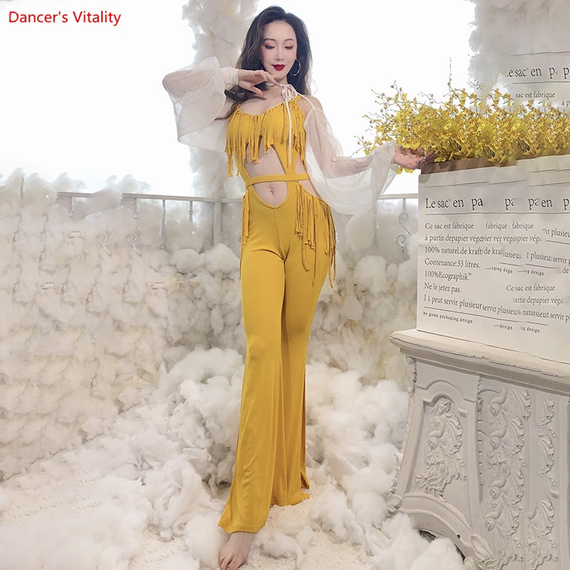 Women's Yellow Fringe Cutout Jumpsuit with Sheer Sleeves, Belly Dance Costume