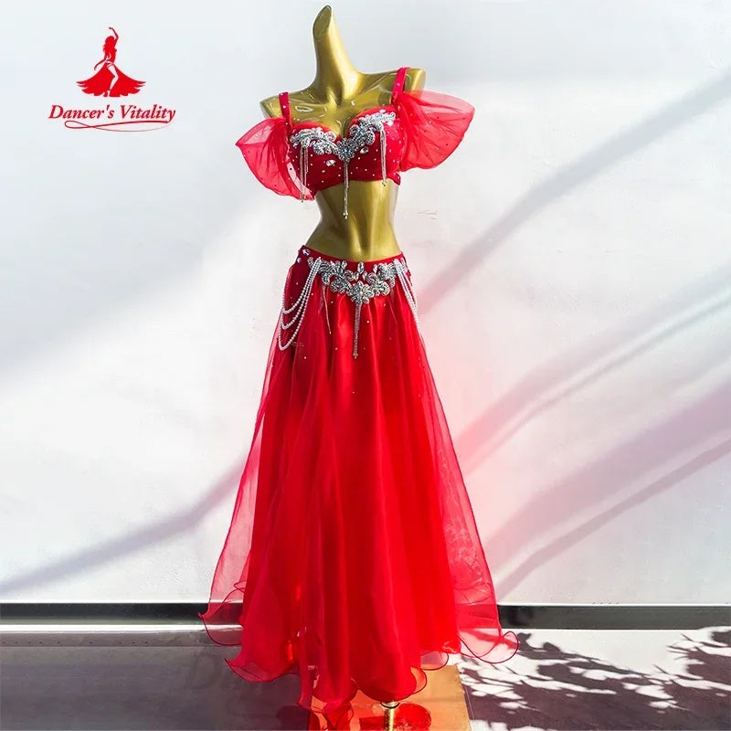 Belly Dance Costume Women Red Chiffon Sequined Pearl Beaded Off-Shoulder Bra & Skirt Set