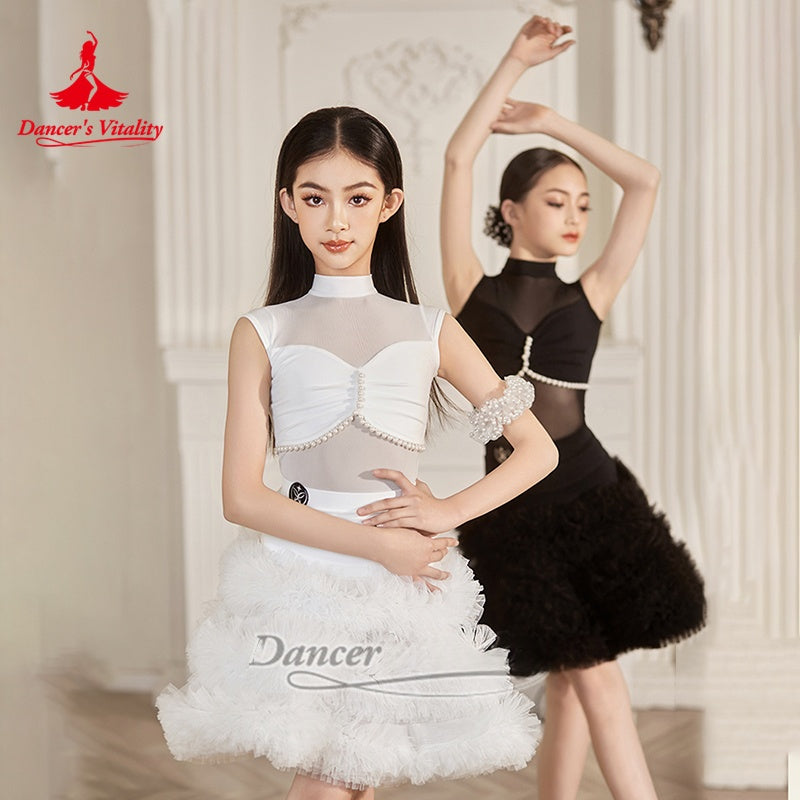 Girls' White & Black Mock Neck Mesh Pearl Latin Dance Dress with Ruffled Skirt