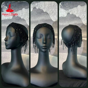 Dance Headband, Women's Black Sequin Fringe Headpiece, Latin Dance