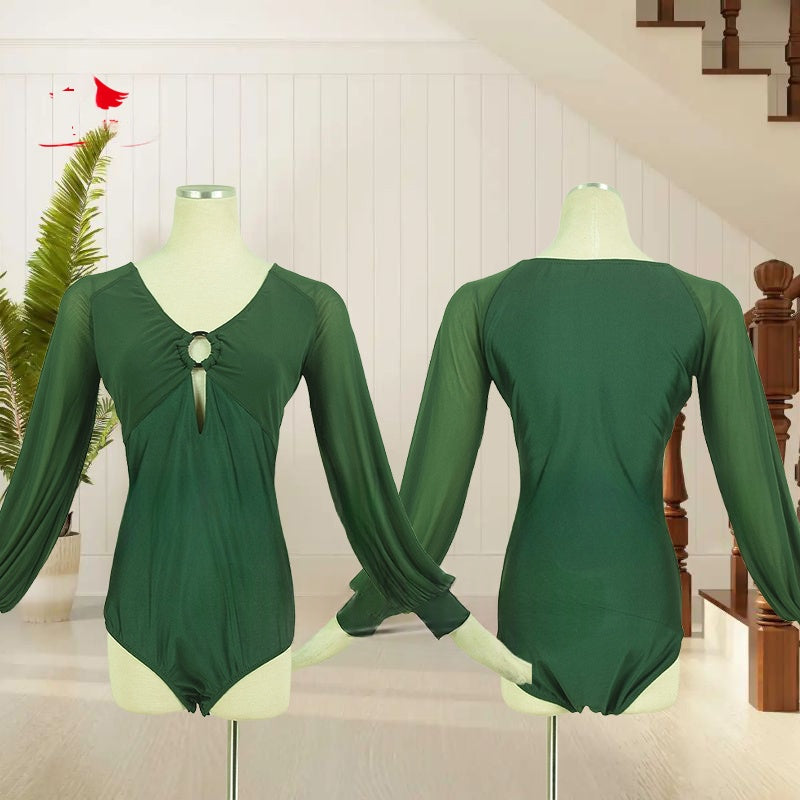 Women's Dark Green V-Neck Long Sleeve Mesh Ballroom Dance Leotard