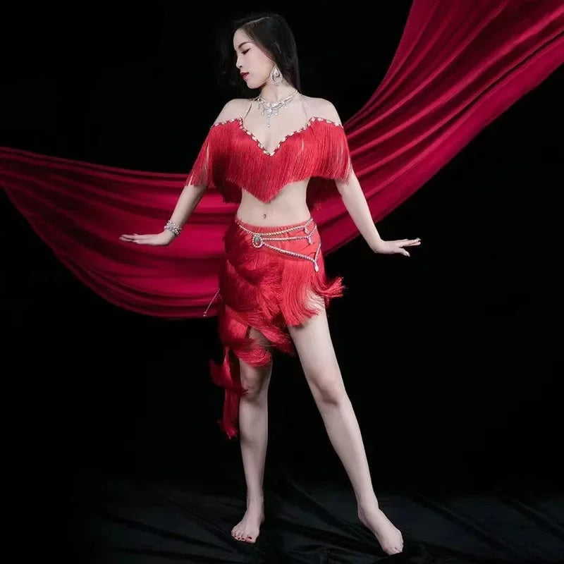 Women's Red Fringe Halter Top and Skirt Latin Dance Costume Set