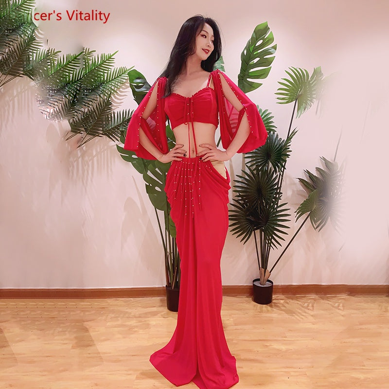 Women's Red Beaded Chiffon Bell Sleeve Crop Top & Drape Skirt Set, Belly Dance Costume