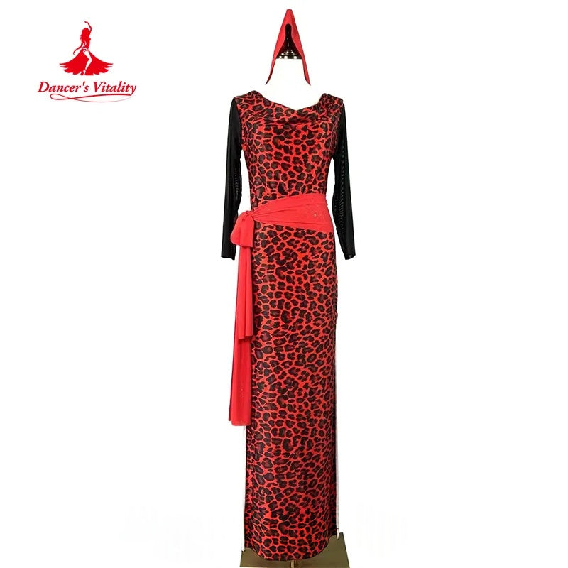 Women's Red Leopard Print Mesh Sleeve Cowl Neck Latin Dance Dress with Sash