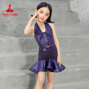 Girls' Purple Halter Lace-Up Ruffled Latin Dance Dress