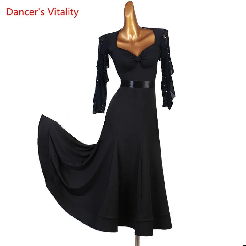 Women's Black Ballroom Dance Dress with Sweetheart Neckline, Ruffled Sleeves, and Satin Waistband