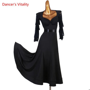 Women's Black Ballroom Dance Dress with Sweetheart Neckline, Ruffled Sleeves, and Satin Waistband