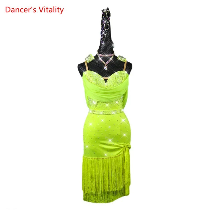 Women's Fluorescent Green Rhinestone Fringe Latin Dance Dress
