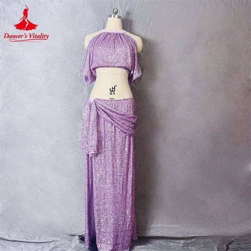 Belly Dance Costume, Women's, Lavender Sequin Halter Crop Top and Draped Slit Maxi Skirt, Performance Wear