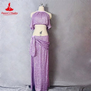 Belly Dance Costume, Women's, Lavender Sequin Halter Crop Top and Draped Slit Maxi Skirt, Performance Wear