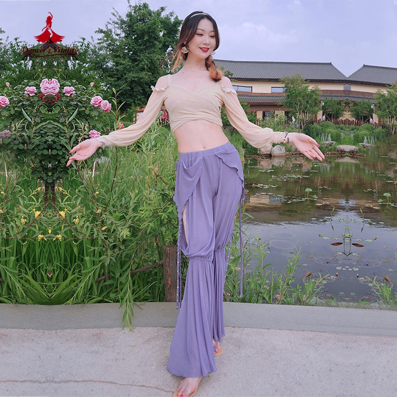 Belly Dance Women's Lavender Chiffon Slit Harem Pants with Ruffled Waistband