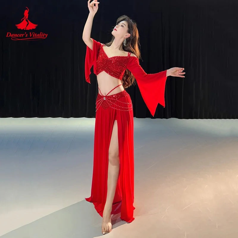 Women's Red Sequin Off-Shoulder Crop Top & Slit Skirt Belly Dance Costume
