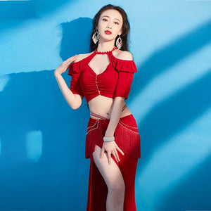 Women's Red Halter Cold Shoulder Crop Top & Slit Skirt with Fringe & Rhinestone Belly Dance Costume