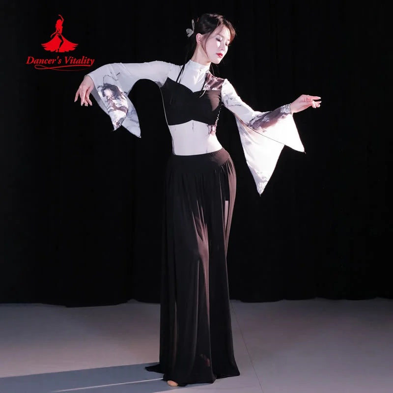 Women's Black & White Halter Crop Top and Flowy Pants Set with Bell Sleeves for Belly Dance