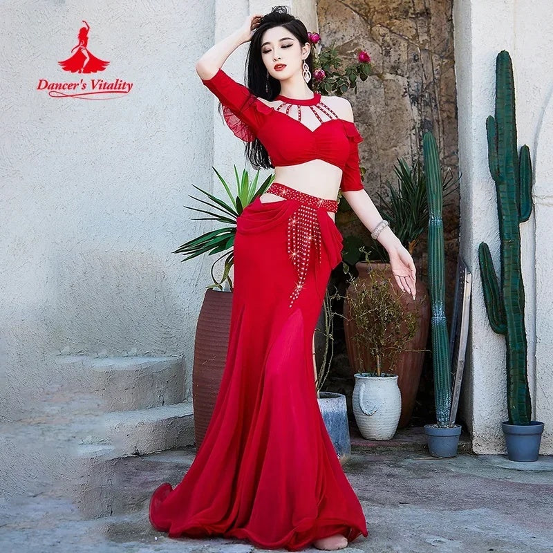 Belly Dance Costume Women's Red Off-Shoulder Crop Top & Mermaid Skirt Set with Rhinestone Belt
