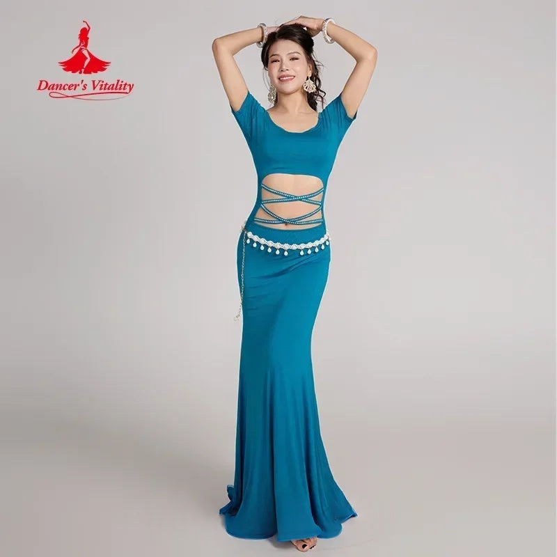 Belly Dance Dress Women Teal Short Sleeve Cut-Out Rhinestone Slit Mermaid Maxi Skirt with Hip Scarf