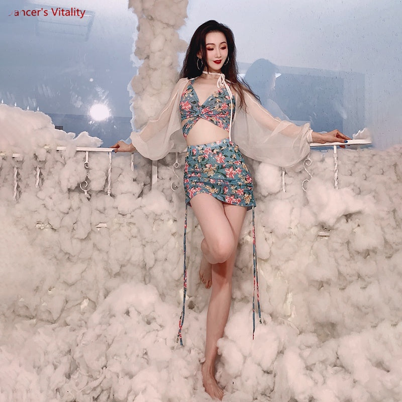 Women's Green Floral Chiffon Mesh Long Sleeve Belly Dance Set
