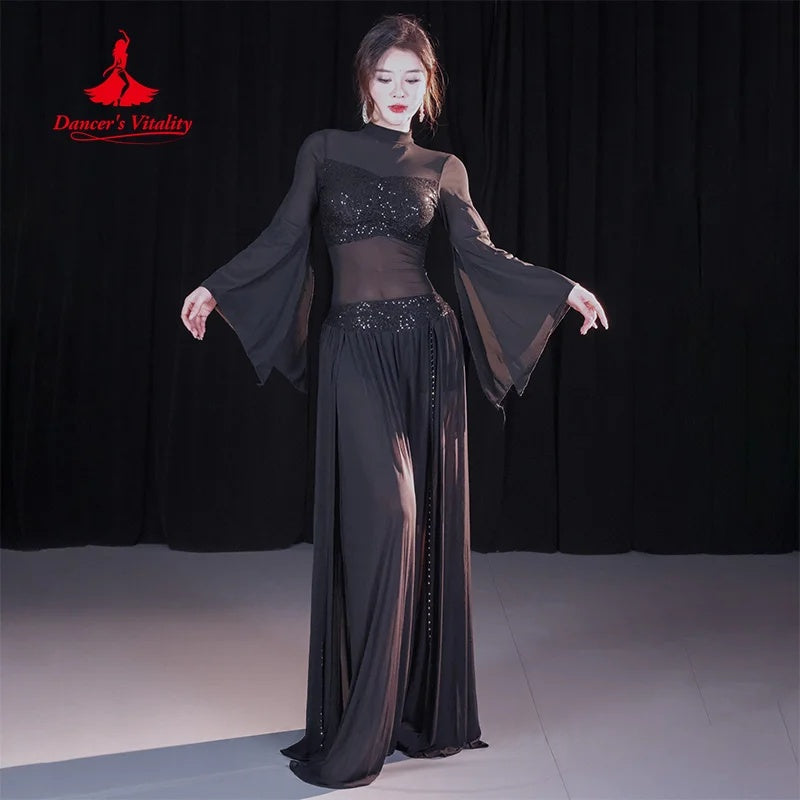 Belly Dance Costume Women's Black Sequin Mesh Long Sleeve Top & Slit Skirt Set for Performance