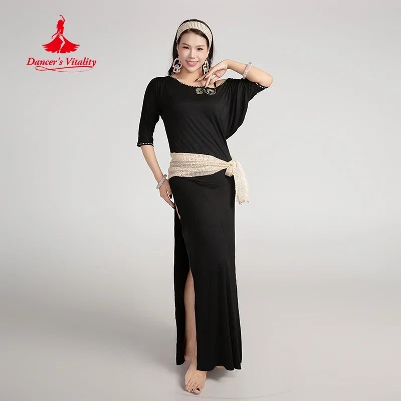 Belly Dance Dress Women's Black Gold Sequin Slit Long Sleeve Maxi Dress with Hip Scarf