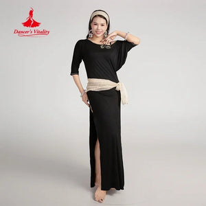 Belly Dance Dress Women's Black Gold Sequin Slit Long Sleeve Maxi Dress with Hip Scarf