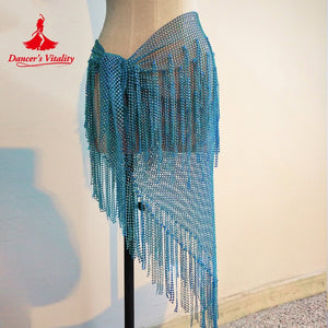 Belly Dance Hip Scarf, Women's Teal Blue Sequin Fringe Mesh Skirt, Latin Dance Hip Wrap