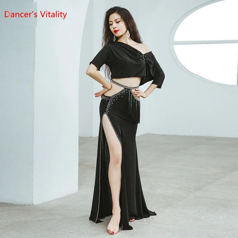 Belly Dance Costume Women Black Off Shoulder Crop Top with High Slit Skirt and Rhinestone Hip Scarf, Professional Performance Set