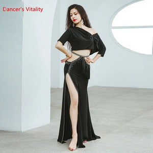 Belly Dance Costume Women Black Off Shoulder Crop Top with High Slit Skirt and Rhinestone Hip Scarf, Professional Performance Set