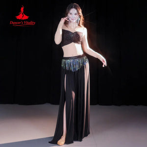 Belly Dance Costume Womens Black Sequin Bustier Top & Slit Skirt Set with Rhinestone Tassel Mask