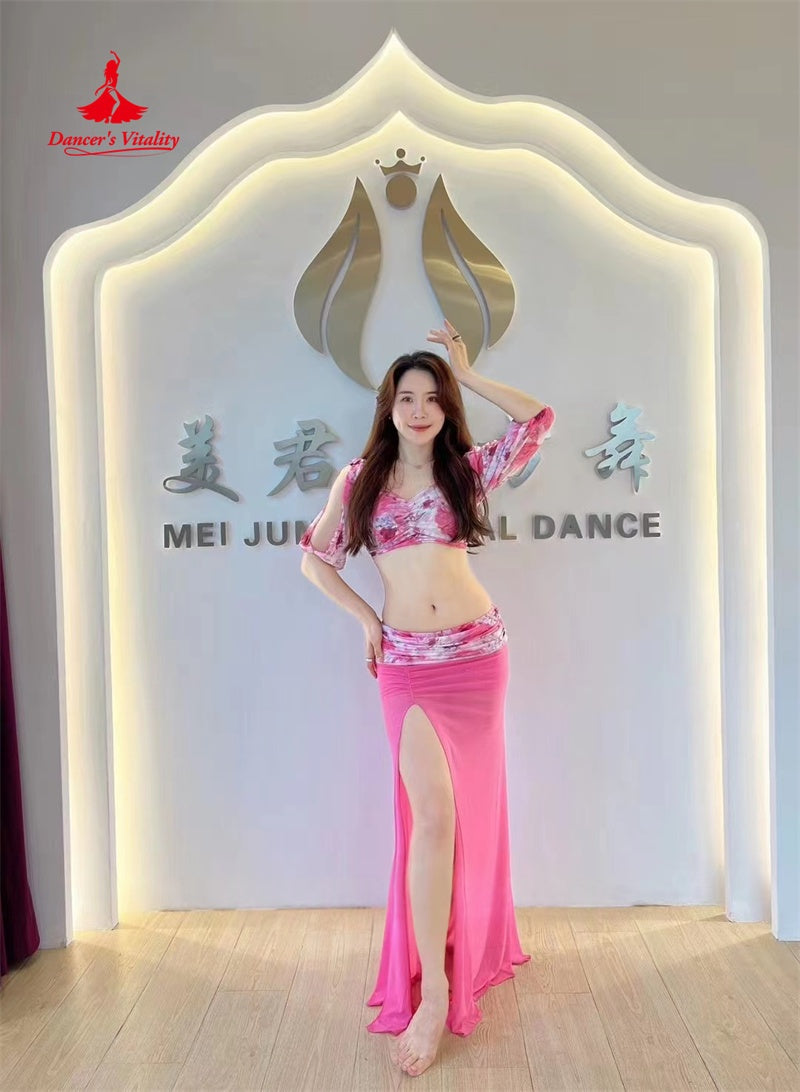 Women's Pink Floral Crop Top & Slit Skirt Belly Dance Costume