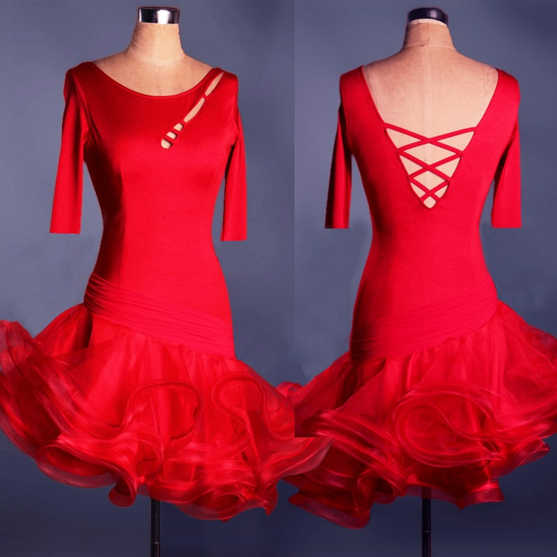 Latin Dance Dress Women's Red Stretch Knit Quarter Sleeve Cut-out Backless Ruffled Standard Ballroom Performance Costume