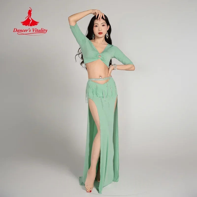 Belly Dance Costume Women Light Green V-Neck Crop Top with Half Sleeves and High-Slit Maxi Skirt with Rhinestone Fringe