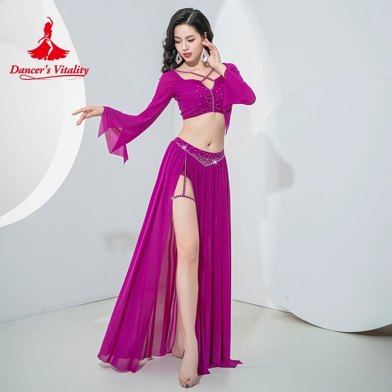 Women's Magenta Long Sleeve Crop Top & High Slit Skirt Belly Dance Costume