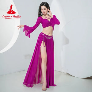 Women's Magenta Long Sleeve Crop Top & High Slit Skirt Belly Dance Costume