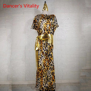 Belly Dance Costume, Women's Leopard Print Gold Belt Kaftan Dress, Tribal Dance