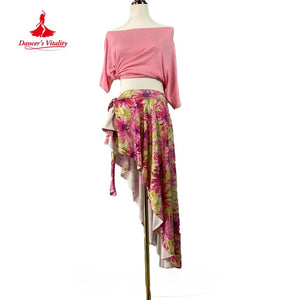 Women's Pink Off-Shoulder Crop Top and Floral Asymmetrical Skirt Set, Lightweight Dance Practice Outfit