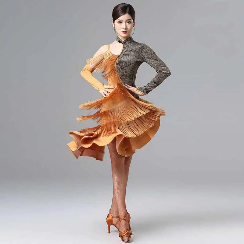 Women's Gold & Grey Asymmetrical Fringe Latin Dance Dress with Long Sleeves
