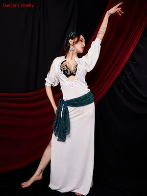 Belly Dance Dress Women's White Long Sleeve Sequin Sash Slit Skirt Set