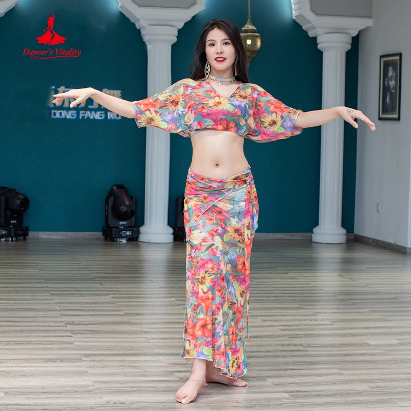Belly Dance Costume Women's Floral Print Chiffon Crop Top and Skirt Set, Flowy Short Sleeve, V-Neck, Adjustable Skirt, Performance Wear