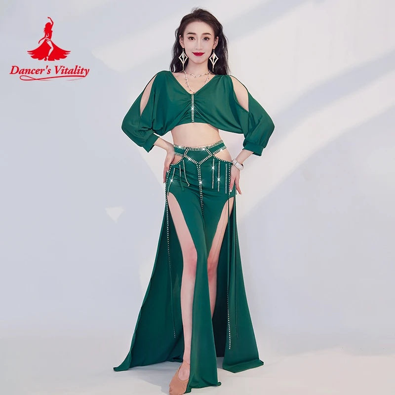 Women's Green V-Neck Crop Top and Slit Pants Set with Rhinestone Tassels, Belly Dance Costume