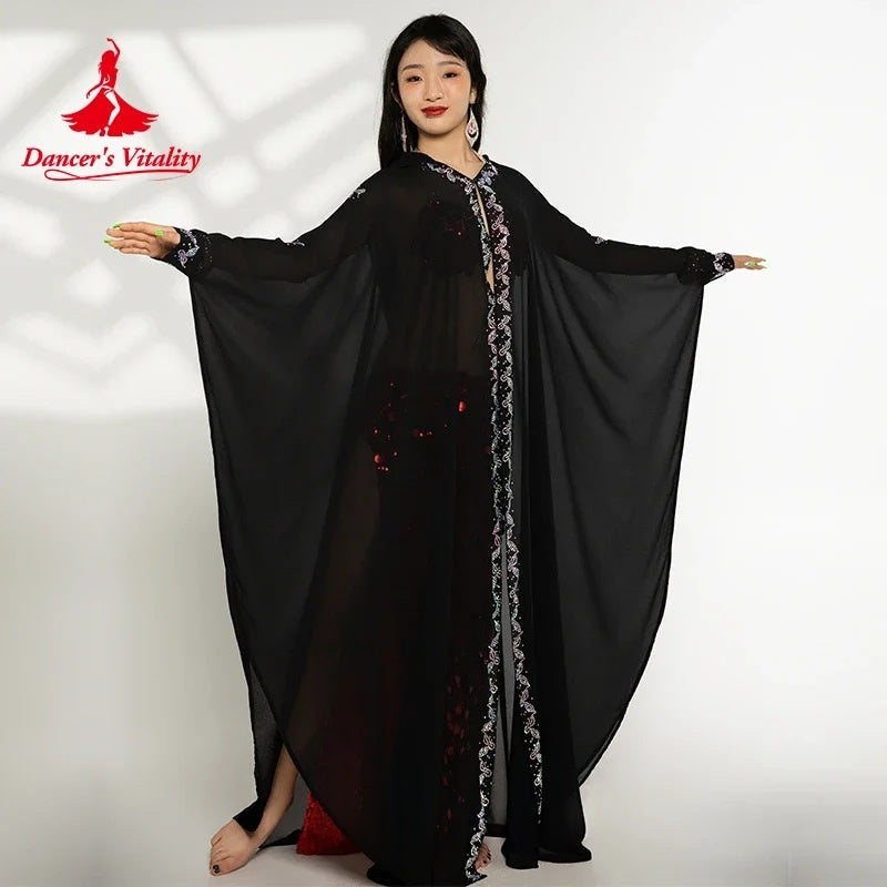 Belly Dance Women's Black Sheer Chiffon Kaftan with Silver Embroidery and Sequin Accents Tribal Fusion Costume