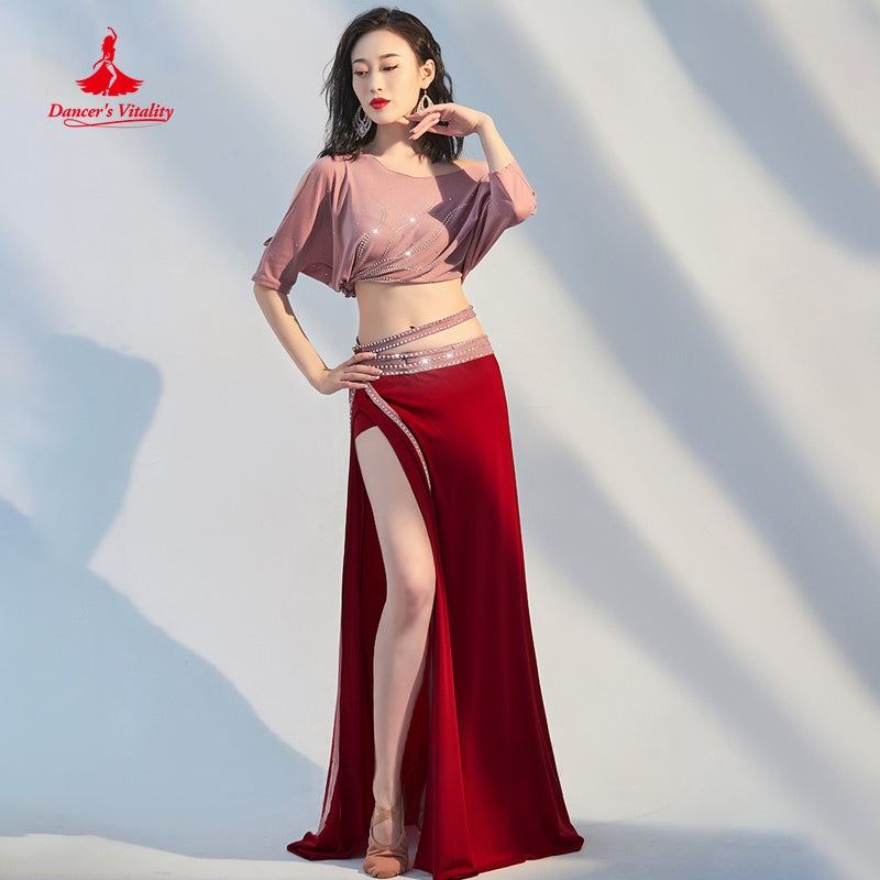 Women's Pink Sequin Batwing Top and Red High-Slit Skirt Belly Dance Costume