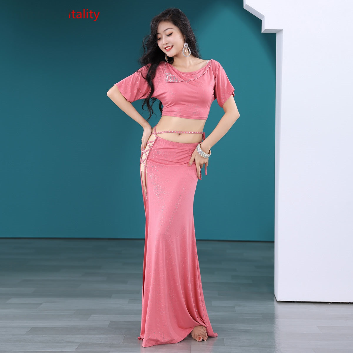 Women's Pink Sequin Embellished Crop Top & Side Slit Skirt Set, Belly Dance Costume