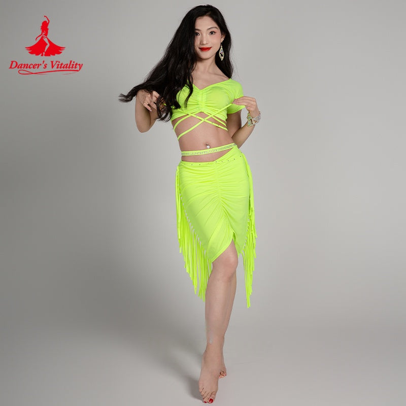 Belly Dance Costume Women's Neon Green Short Sleeve Crop Top with Criss-Cross Straps and Ruched Fringe Skirt