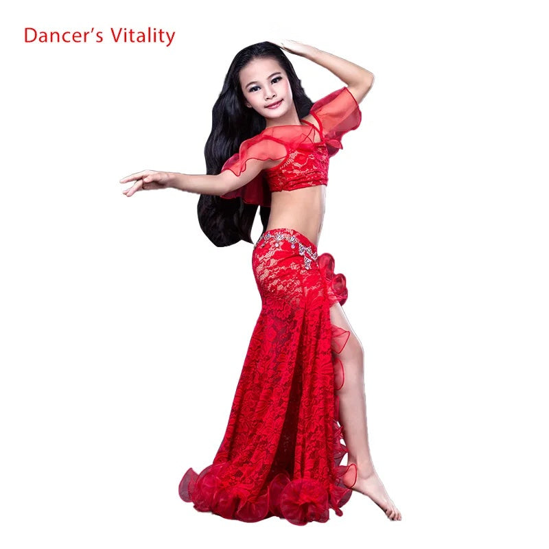 Girls Red Lace Ruffle Belly Dance Costume Set
