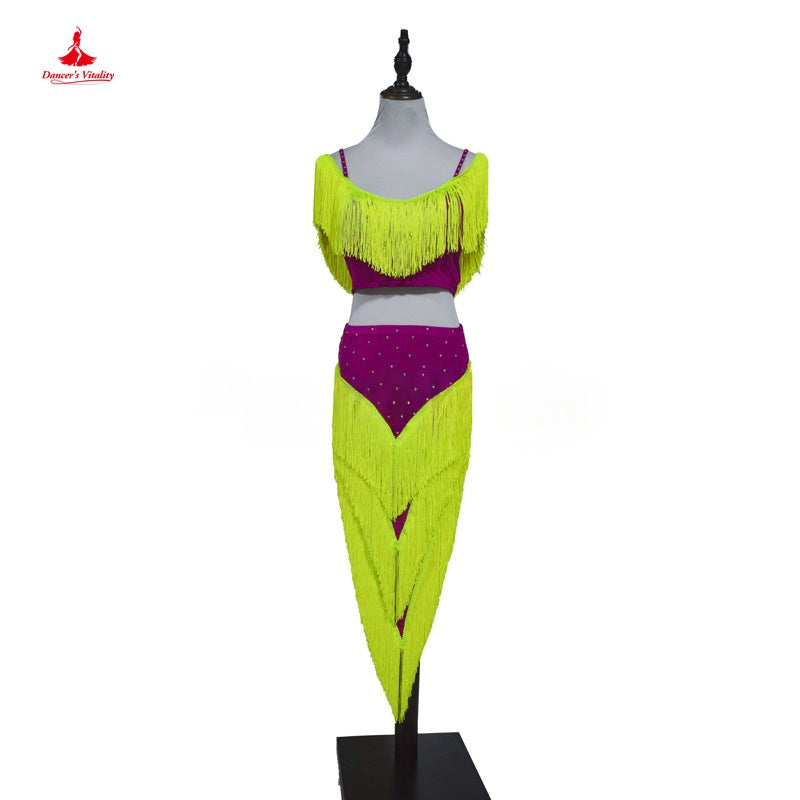 Latin Dance Dress Women's Neon Yellow & Magenta Fringe Performance Set - Rumba Samba Cha Cha