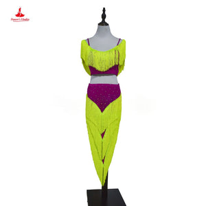 Latin Dance Dress Women's Neon Yellow & Magenta Fringe Performance Set - Rumba Samba Cha Cha
